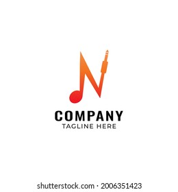 Letter N Alphabet Music Logo Design Template. Initial, Musical Note and Audio cable jack logo concept. Orange color theme. Isolated on white background