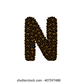 Letter N. Alphabetical N. Floral letter N in yellow and black colour. 