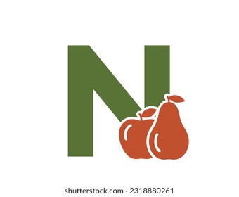 letter n with apple and pear. fruit alphabet logo. gardening and harvest design. isolated vector color image