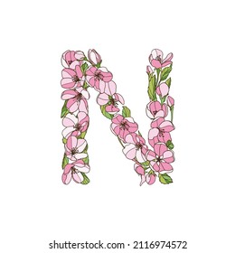 Letter N of apple tree flowers. Vector alphabet