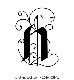 Letter N with arrows isolated on white background
