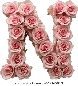 The letter "N" is artfully crafted using a collection of light pink roses, each bloom meticulously arranged to form the letter's shape against a stark white background.