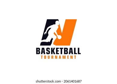 Letter N with Basketball Logo Design. Vector Design Template Elements for Sport Team or Corporate.