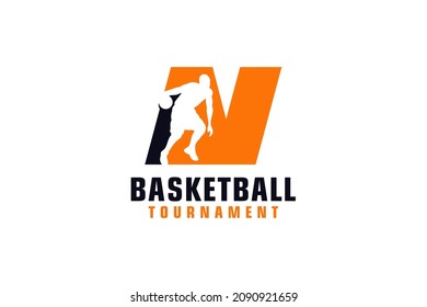 Letter N with Basketball Logo Design. Vector Design Template Elements for Sport Team or Corporate.