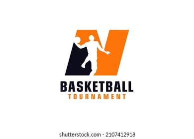 Letter N with Basketball Logo Design. Vector Design Template Elements for Sport Team or Corporate.