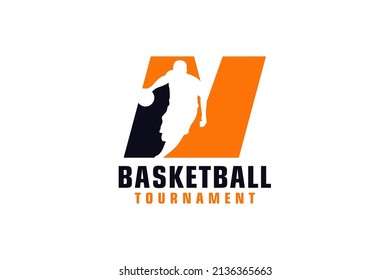 Letter N with Basketball Logo Design. Vector Design Template Elements for Sport Team or Corporate.