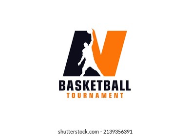 Letter N with Basketball Logo Design. Vector Design Template Elements for Sport Team or Corporate.