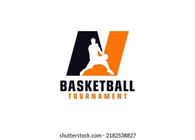 Letter N with Basketball Logo Design. Vector Design Template Elements for Sport Team or Corporate.