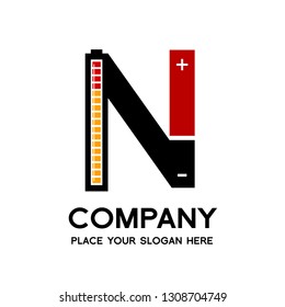 Letter N battery vector logo template. Alphabet graphic with current positive and negative symbol. Black, red and yellow color. This logo is suitable for electric, technology, power and energy supply.