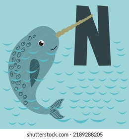 Letter N beautiful narwhal in sea