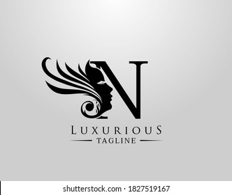 Letter N with Beauty Face. Luxury Logo. Alphabetical Symbol for wedding, greeting cards, invitations, salon, spa, template design.