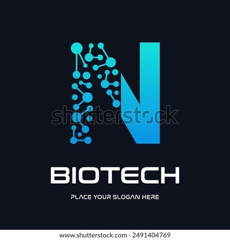 Letter N biotechnology vector logo template. This logo use molecule symbol. Suitable for biology and chemistry.