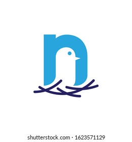 Letter n with bird logo design. Nest logo. Creative initial letters logo template.