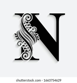 letter N. Black flower alphabet.  Beautiful capital letter with shadow