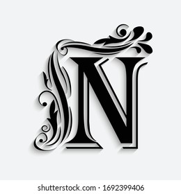 letter N. Black flower alphabet.  Beautiful capital letter with shadow