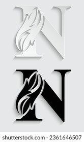 letter N. Black flower alphabet. Beautiful capital letters with shadow