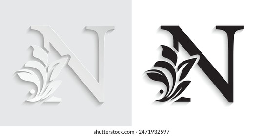 letter N Black flower alphabet. Beautiful capital letters with shadow