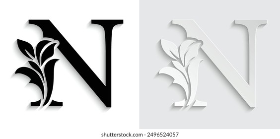 letter N Black flower alphabet. Beautiful capital letters with shadow