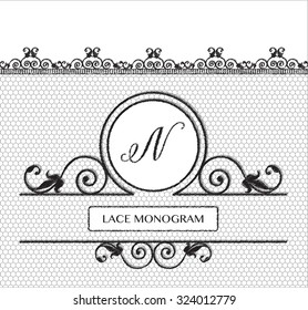 Letter N black lace monogram, stitched on seamless tulle background with antique style floral border. EPS10 vector format.