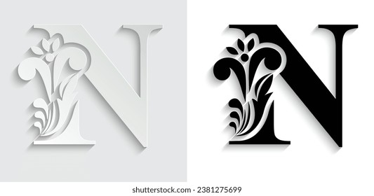 letter N Black and paper flower alphabet. Beautiful capital letters with shadow