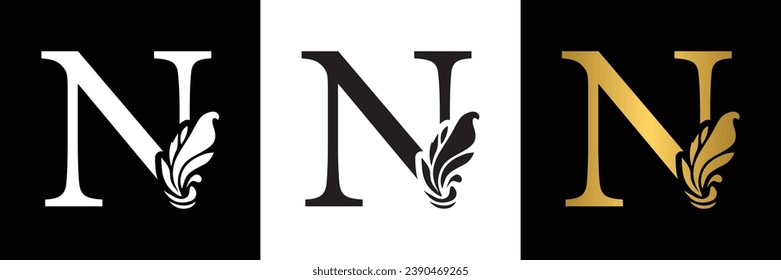 letter N. Black, white and golden  flower alphabet. Beautiful capital letters 