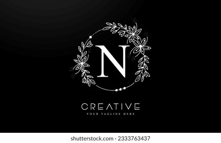 Letter N Botanical Flowers . Initial Wedding Monogram Font Logo. Circle Floral Logo