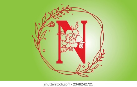 Letter N Botanical Flowers . Initial Wedding Monogram Font Logo. Circle Floral Logo