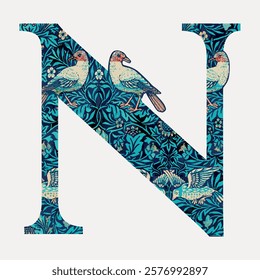 Letter N botanical pattern font, inspired by William Morris illustration isolated on white, vector. Vintage illustration. Vintage font artwork element by William Morris, old art illustration vector.