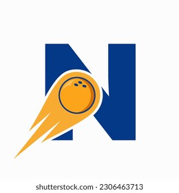 Letter N Bowling Logo. Bowling Ball Symbol With Red Moving Ball Icon