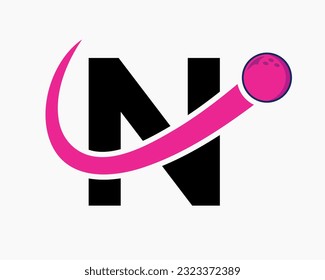 Letter N Bowling Logo. Bowling Ball Symbol With Moving Ball Icon