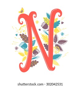 The letter N. Bright floral element of colorful alphabet with flowers and birds. Vector illustration.