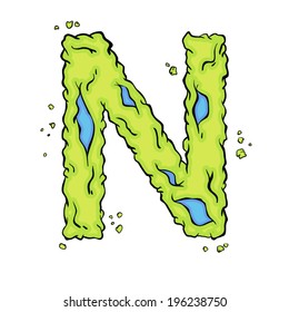 The letter N. Bright green element stylish alphabet style zombies. Halloween ABC grimy element in the vector. Hand drawn letter N isolated on white background.