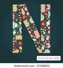 The letter N. Bright hipster element of colorful alphabet made! Hipster ABC element in vector. Vector hipster glasses, camera, a tie, the player, hat, mustache, pipe.