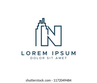 Letter N Building Line Vector Logo Design Template