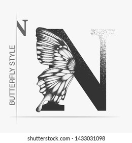 Letter N with butterfly silhouette. Monarch wing butterfly logo template isolated on white background. Calligraphic hand drawn lettering design. Alphabet concept. Monogram vector illustration. EPS 10