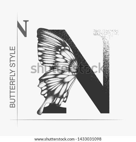 Letter N with butterfly silhouette. Monarch wing butterfly logo template isolated on white background. Calligraphic hand drawn lettering design. Alphabet concept. Monogram vector illustration. EPS 10 Foto stock © 