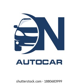 Letter N with car vector logo template.  Fonts for event, promo, logo, banner, monogram and poster. Alphabet label symbol for branding and identity.