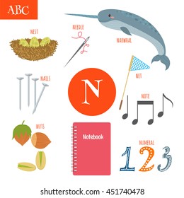 Letter N. Cartoon alphabet for children. Nest, needle, notebook, net, numeral, nails, nuts, note, narwhal. Vector illustration