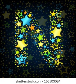 Letter N cartoon kid style vector font with  colored  stars