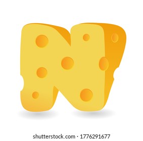 letter N cartoon style cheese, vector illustration