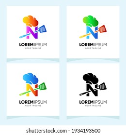 Letter N Chef Hat with Spatula Logo Design Vector Icon Graphic 