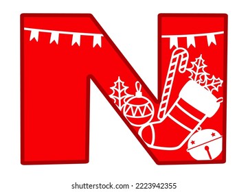 Letter N. Christmas monogram. New Year's alphabet. Sign, icon of the letter N for creating holiday inscriptions, postcards, congratulations, personalized gift, signboard. Xmas symbols, flat style