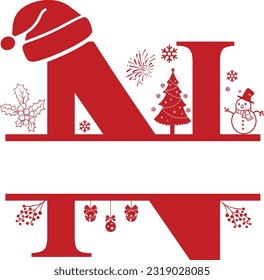 Letter N, N Christmas Monogram, Letter N Silhouette with Christmas symbols, Christmas logo, Christmas Design for Print, Screen Print T-Shirt