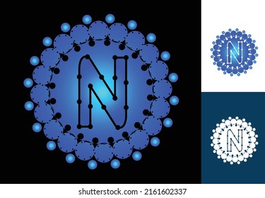 Letra N con logotipo de punto circular y plantilla de diseño de iconos