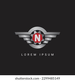 letter N with circle initial shield with wings logo design