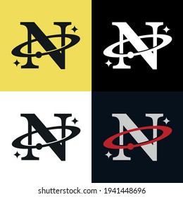 letter N with a circular orbit, a planet and a star vector design