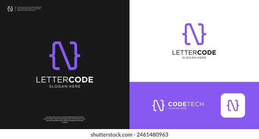 Vector de diseño de logotipo de programación de código de letra N.