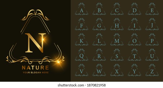 Letter N or collection initial alphabet with luxury ornament floral frame golden logo template.