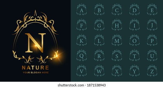 Letter N or collection initial alphabet with luxury ornament floral frame golden logo template.