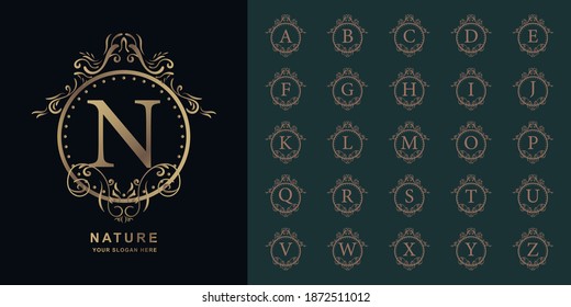 Letter N or collection initial alphabet with luxury ornament floral frame golden logo template.